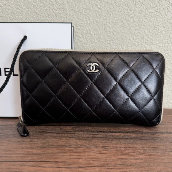 CHANEL Handbags - CHANEL Diamond Stitch Lambskin Leather Zip Around Wallet